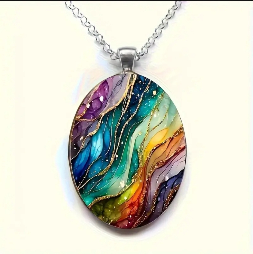 Colorful Ripple & Swirks Oval Glass Pendant Necklace 📿 ~ 🎁